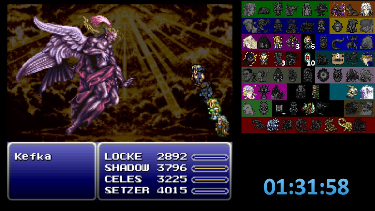 arkthunder_'s tweet photo. FF6WC
序盤でイヤリング見つけて初手魔大陸→無双

ショック持ちセリス、連続魔ロック、皆伝の証イカサマセッツァー、一生火遁雷迅投げてるシャドウ https://t.co/33VZEmpE8R