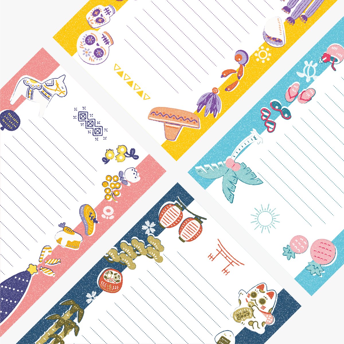 kamidea_idea_'s tweet photo. 【文具女子博トーキョー2026商品情報4】
『レターセット』¥495(税込)
世界の国々をモチーフとしたレターセット✉️こちらは数量限定販売となっております！
『みっつのフセン。カフェ』¥506（税込)
みっつのフセン。シリーズよりほんわかとしたカフェモチーフの絵柄がイベント限定で登場します☕️🐻‍❄️ https://t.co/2srlOQIIXv
