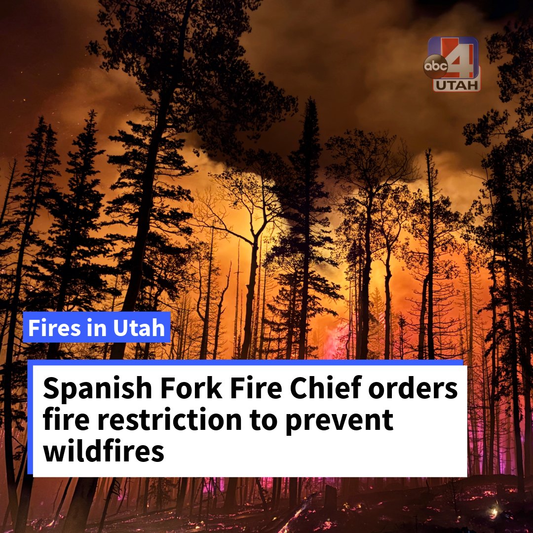 abc4utah's tweet photo. The Spanish Fork Fire and EMS Chief has issued a fire restriction to prevent the ignition of wildfires in the area. The restriction will go into effect at midnight on June 4, 2026.

https://t.co/0QE32ZJVHH https://t.co/uZV1a2kqHb