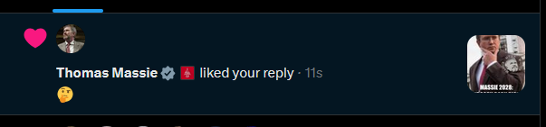 CobaltAzurean's tweet photo. When Thomas Massie likes your reply about #Massie2028 🤯 https://t.co/dJMEdt4sfy
