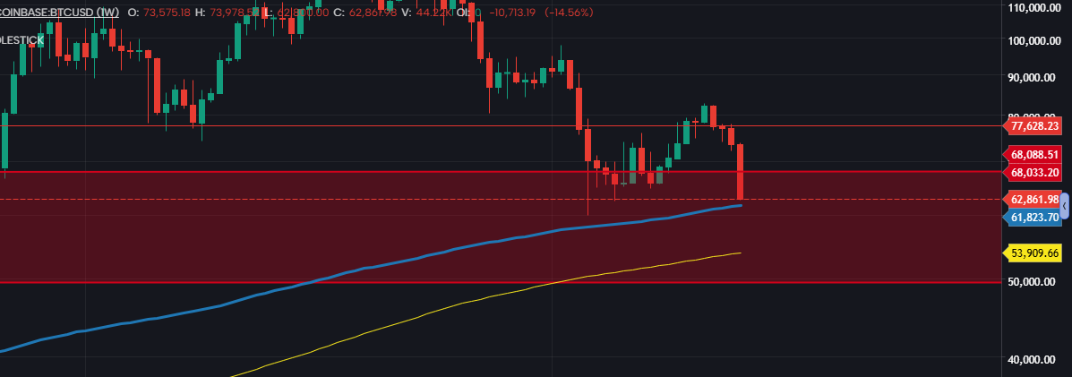 DragonCrip's tweet photo. Estamos por debajo de los $63k, a punto de romper la media móvil de 200 semanas.

El punto de inflexión se sitúa en las zonas históricas de compra baja de BTC.

La media móvil se encuentra actualmente en $61.800

La zona roja abarca todo el precio por debajo del ATH anterior ($69.000), que es una zona muy fuerte, ya que estamos hablando de los dos máximos históricos anteriores.