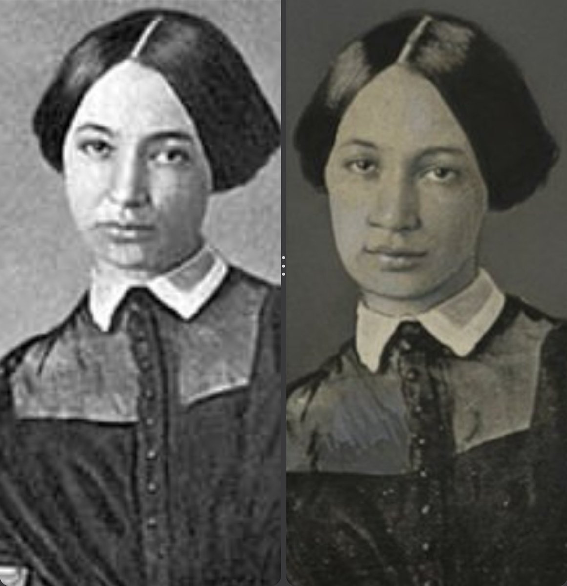 canedeeman's tweet photo. @ryanswalters73 No, she was not Black or mulatto.  Her photo was altered.  Her nose was widened, and her lips broadened to make her look that way.  The photo on the left is the original 1845 portrait.  The photo on the right was altered by enemies of the South. https://t.co/IA5TjGN3eJ