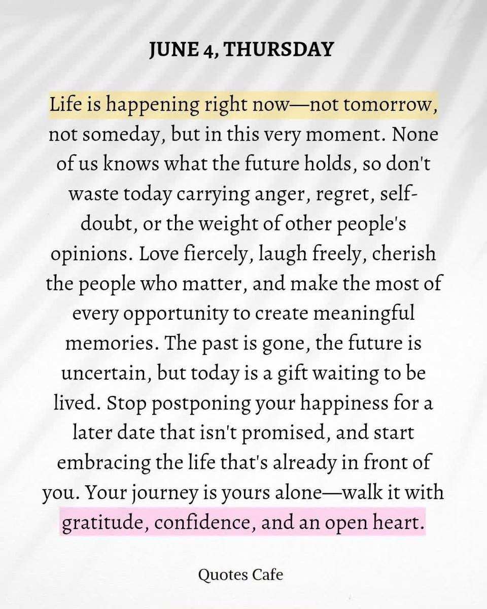 MPHickie's tweet photo. A message for today … 

Don't wait for the perfect moment to be happy, grateful, or fully present. The past is gone, the future isn't promised, but today is yours to live.  Embrace each moment with confidence, gratitude &amp; an open heart. 💛 #LiveInTheMoment #Gratitude👇🏻 https://t.co/MRfgeHNnfX