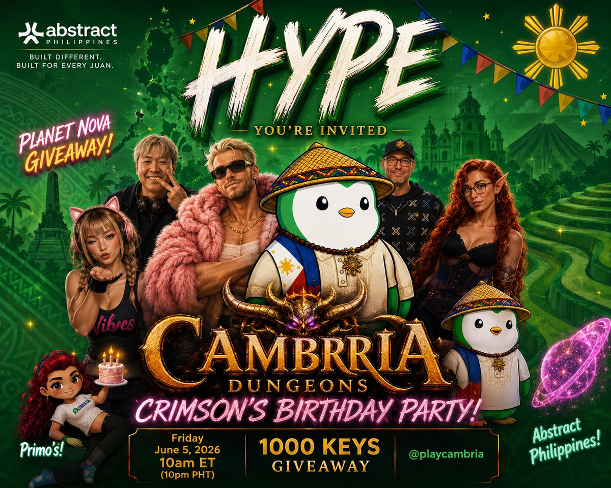 AbstractChainPH's tweet photo. 🇵🇭⚔️ Attention Cambria grinders!

We've been invited by @doughype and the HYPE community to join their upcoming Cambria Dungeons Game Night and Crimson's Birthday Celebration! 🎂🔥

🎁 1000 Keys Giveaway
⚔️ Community Dungeon Runs
🎉 Good vibes and friendly competition

📅 June 5, 2026
🕙 10:00 PM PHT

Whether you're pushing leaderboards or just looking for a fun night with the community, come through and represent Abstract Philippines! 💚

Built Different. Built For Every Juan. 🇵🇭🚀