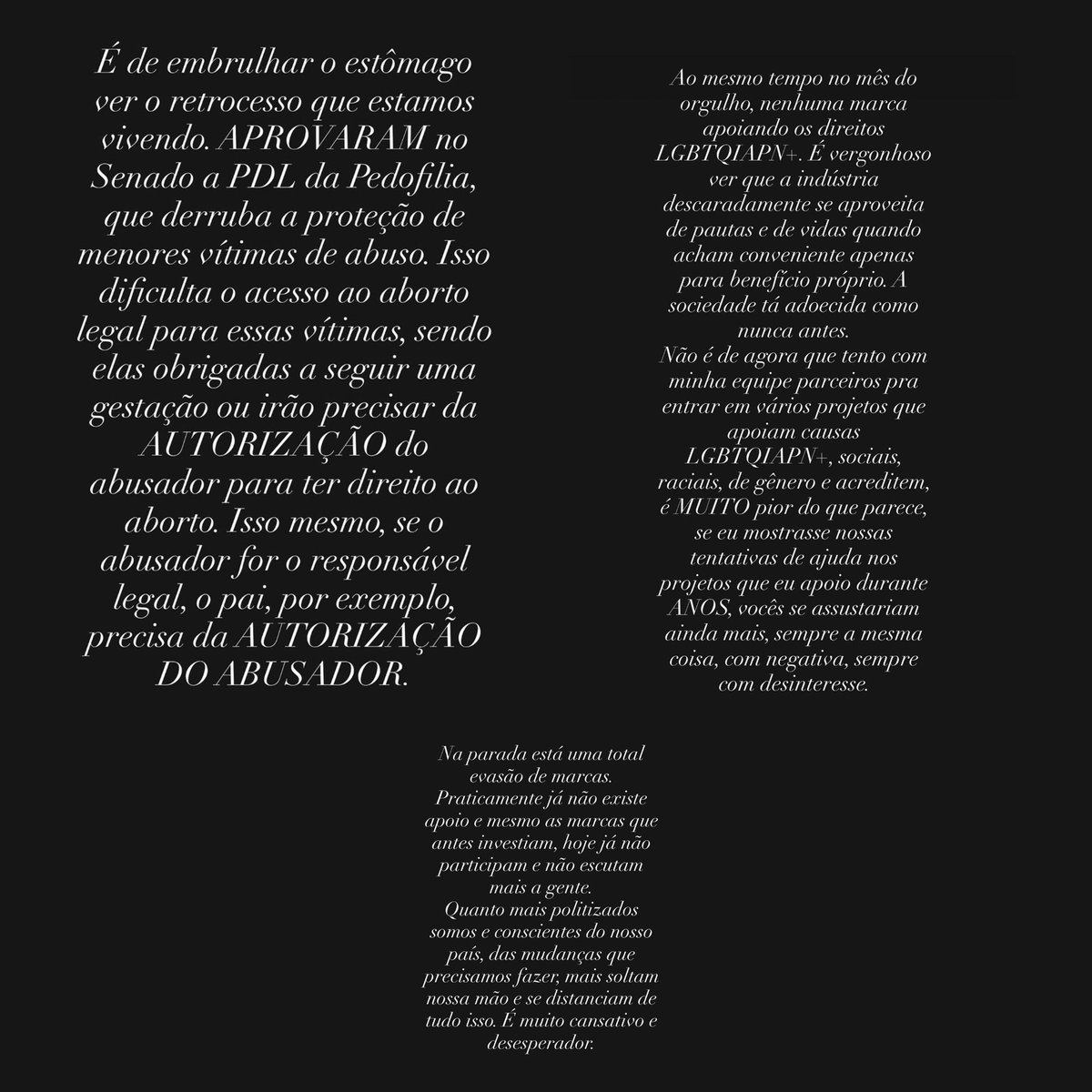 QGdoPOP's tweet photo. FALA! Luísa Sonza se posiciona contra PDL da pedofilia e a falta de marcas na Parada LGBT+:

“Nenhuma marca apoiando os direitos LGBTQIAPN+. É vergonhoso ver que a indústria descaradamente se aproveita de pautas e de vidas quando acham conveniente apenas para benefício próprio. A sociedade tá adoecida como nunca antes. Na parada está uma total evasão de marcas. Praticamente já não existe apoio e mesmo as marcas que antes investiam, hoje já não participam e não escutam mais a gente”.