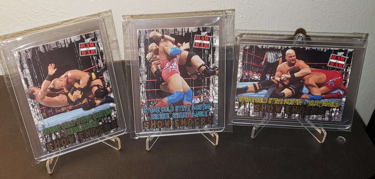 SWF_YouTube's tweet photo. I'm opening a can of whoop-ass this #wrestlingcardwednesday !
I present to you my 2001 Fleer WWF RAW Is WAR 'Stone Cold' Steve Austin cards:

- War Zone 71 &amp; 77 
- Show Enders 86, 87, 88, 90 &amp; 91
- TLC 9 of 15

#wrestlingtradingcards
#wrestlingcards https://t.co/pkeNzXMRGj