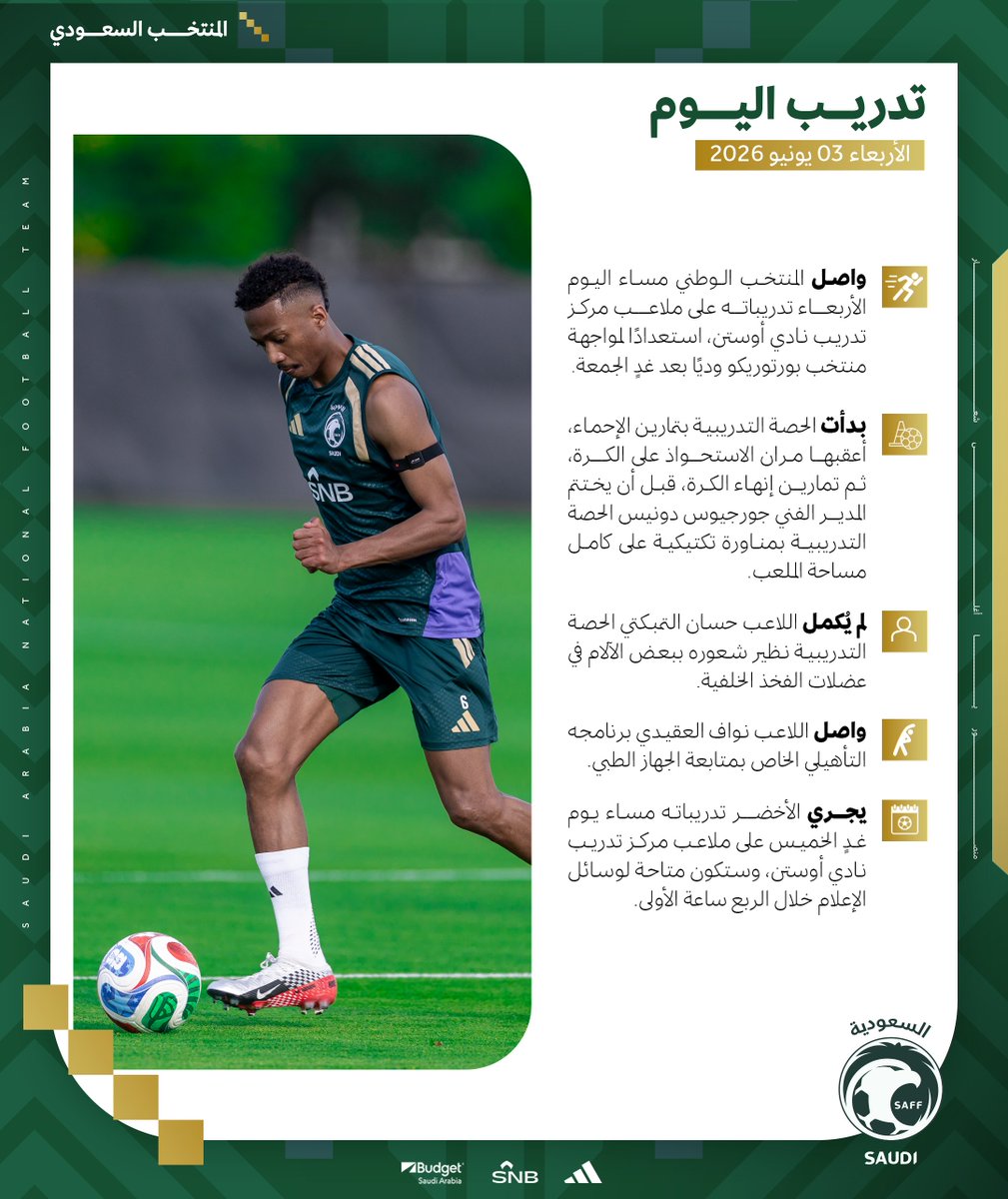 SaudiNT's tweet photo. الأخضر يواصل تحضيراته في أوستن استعدادًا لمواجهة منتخب بورتوريكو وديًا. 🇸🇦
#قدام_بنفس_الروح | #FIFAWorldCup https://t.co/8Lu3F1FKyr