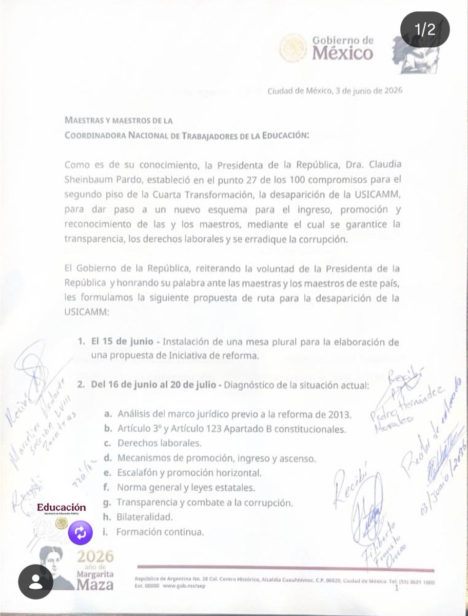 RoDeleyja's tweet photo. Propuesta del Gobierno a la #CNTE. Para el 14 de septiembre se presentaría una iniciativa para la desaparición de la #USICAMM https://t.co/oxQVHYCzyo