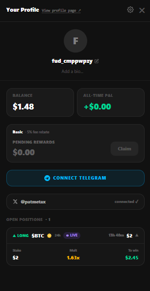PatmetaX's tweet photo. Now the multiplier and winning rate both are visible on my BTC long trade on @FUDmarkets .
When i opened it today it was not showing this now its perfectly visible lets see what the result. https://t.co/fa7RZ6AnMZ