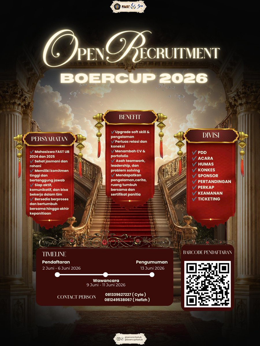 BEMFASTUB's tweet photo. 🔥 [OPREC PANITIA BOERCUP 2026: BE PART OF THE LEGEND!] 🔥

Halo, sobat FAST 🐮👋🏻

Ada event yang mantap oke josjis guys buat sobat FAST yang pengen nambah pengalaman organisasi, memperluas relasi, sekaligus menciptakan cerita seru di masa perkuliahan! 

#BoerCup2026 https://t.co/HOOaieEdLQ