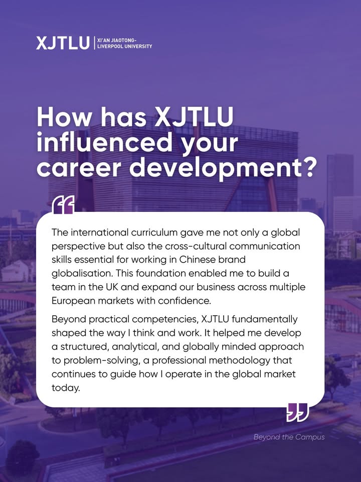 XJTLU's tweet photo. 🎓 Meet Junjie Ping, a 2015 graduate of #XJTLU and now General Manager of Europe Region at Yangguofu Group, based in London. Choosing XJTLU for its international vision and English-taught learning environment, Junjie saw the University as a place to broaden his perspective and prepare for a global future. Living and studying in an international environment helped him develop the cross-cultural communication skills and global mindset that continue to shape his career today. Now leading business expansion across European markets, Junjie continues to apply the international perspective and confidence he developed at XJTLU to navigate global business beyond borders.

#XJTLUalumni #XJTLU20Years #GlobalCareers #Business