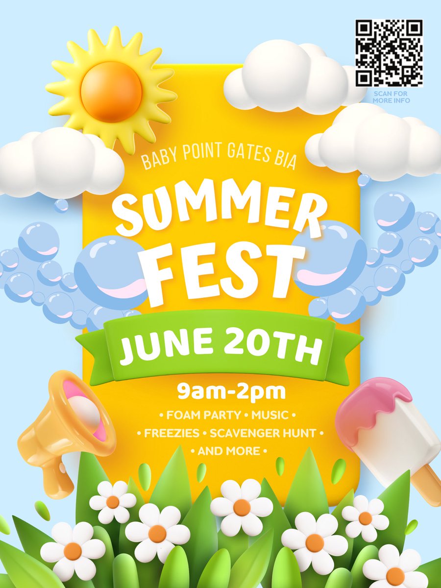 BabyPointGates's tweet photo. Mark your calendars for June 20th! The Baby Point Gates BIA presents SummerFest. From 9am to 2pm with a foam party,  Zaylor Zwift, a local rock band, a scavenger hunt around local businesses, and more! Pick up your passport at participating shops the day of the event. https://t.co/mrPrfzcd2d
