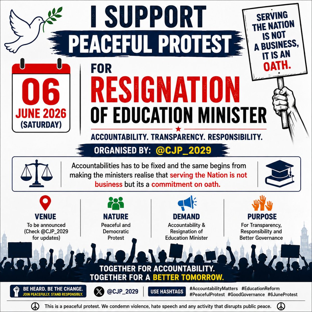 ColAmitkumar's tweet photo. I support the peaceful protest on 6 June called by @CJP_2029 demanding accountability and the resignation of the Education Minister.
In a democracy, accountability cannot be selective. Public office is not a business opportunity it is a solemn commitment made on oath to serve the nation and its people. When institutions fail, responsibility must be fixed, and it should begin at the highest levels of leadership.
I appeal to the youth of India to come forward, participate peacefully, and make their voices heard. Change begins when citizens stand united for transparency, responsibility, and good governance.
Join the peaceful protest on 6 June and strengthen the spirit of democracy.
#AccountabilityMatters #YouthForChange #GoodGovernance #EducationReform #Democracy #PeacefulProtest #India #StudentsVoice #NationFirst #6JuneProtest @CJP_2029 @PMOIndia @EduMinOfIndia @narendramodi @AmitShah @PIB_India @DDNewslive @ANI @PTI_News @the_hindu @IndianExpress @ndtv @TimesNow @CNNnews18 @republic @aajtak @ABPNews @News18India
