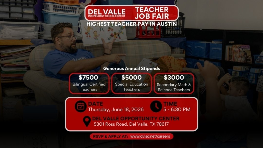 katrinabailey08's tweet photo. Come teach in one of the fastest-growing districts in Central Texas!

✅ Highest teacher pay in the Austin area
✅ Up to $7,500 annual stipends
✅ Supportive leadership &amp; growth opportunities

Join us at the Del Valle ISD Teacher Job Fair!
📅 June 18, 2026, 5:00–6:30 PM https://t.co/5VDgY95Dlm