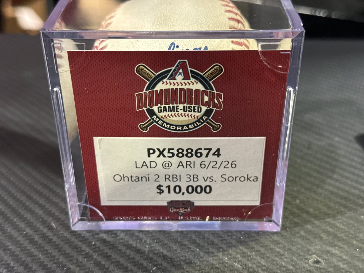 FredoCervantes's tweet photo. On Tuesday, Shohei Ohtani hit a triple in the second inning, and that ball was authenticated and is being sold for $10,000 by the Arizona Diamondbacks. 

32% of all sales are donated to the D-Backs Foundation, while the remaining 68% stays with the team. Ohtani also hit a double in the first inning on Tuesday, and that ball is being sold for $2,000. 

@SportingTrib | #Dodgers