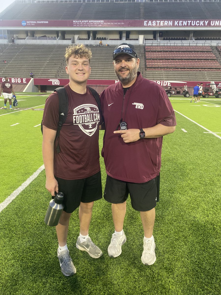bradyeubanks03's tweet photo. Had a great day @EKUFootball camp! 
I went 11/11 in one on ones (TE) and had an amazing time. Thank you to @Coach__Jake for inviting me. Ready to come back in the fall! https://t.co/i5wkQHLbIm