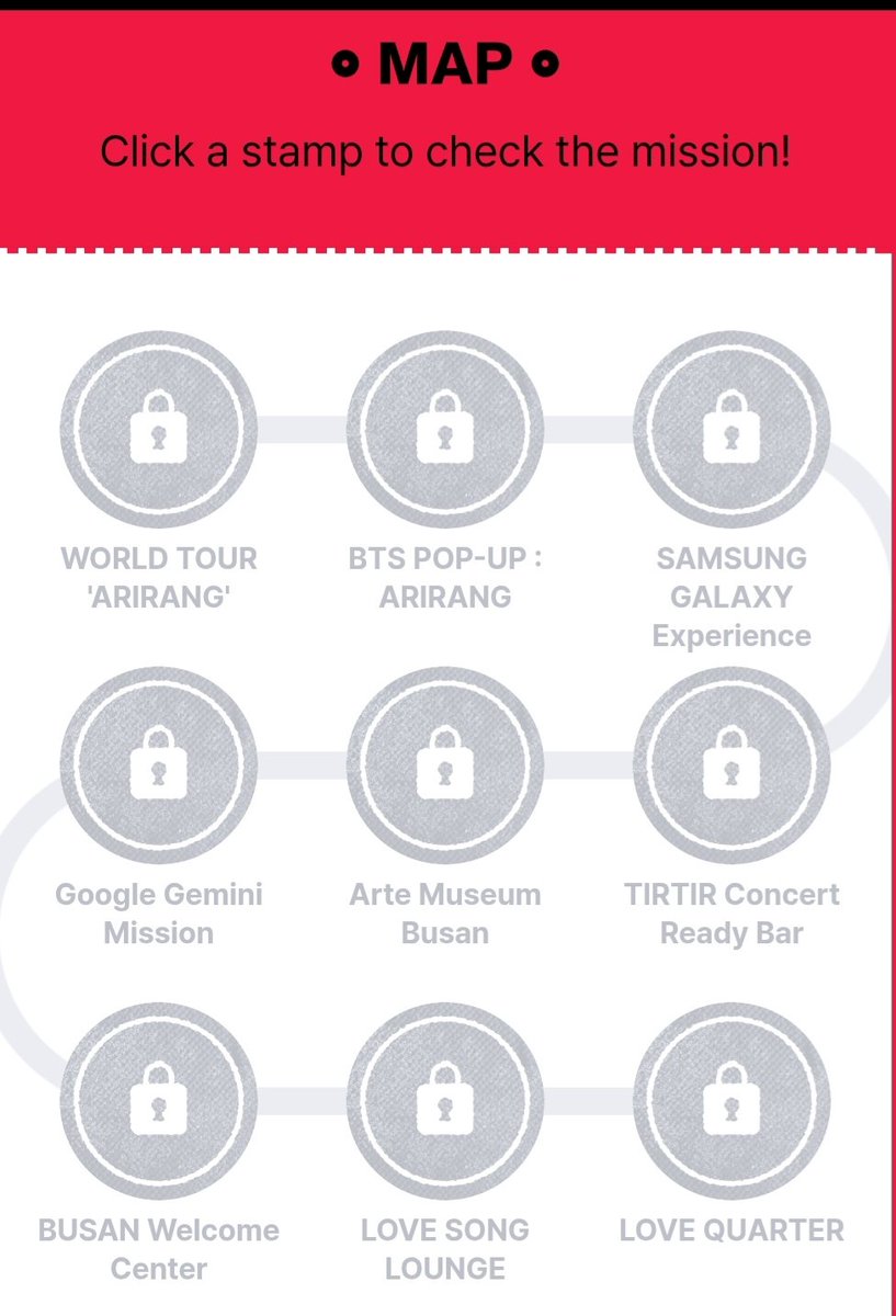 RainyNAMJIN's tweet photo. อัพเดท BTS THE CITY ARIRANG BUSAN กับ Stamp Rally (อิงเวลาเกาหลี)
💜เก็บ 5 stamps ได้ BUSAN SPECIAL BATCH
1. 'WORLD TOUR 'ARIRANG'
📌Busan Asiad Main Stadium
🩷12 -13 มิ.ย. 2026 at 23.59 น. 
2. BTS POP-UP : ARIRANG
📌SHINSEGAE CENTUMCITY
🩷5 – 14 มิย. 2026 at 20.30 น.
3. SAMSUNG GALAXY Experience
📌The Bay 101
🩷10 - 14 มิ.ย. 2026 at 21.00 น.
4. TIRTIR Concert Ready Bar
📌The Bay 101
🩷10 - 14 มิ.ย. 2026 at 21.00 น.
5. Arte Museum Busan
📌Arte Museum Busan
🩷5 ��� 21 มิ.ย. 2026 at 20.00 น.
6. Google Gemini Mission (ภารกิจออนไลน์)
📌คลิกที่แสตมป์แรลลี่ 'Mission 6' เพื่อเปิด Google Gemini และทำภารกิจโดยละเอียดให้สำเร็จ
🩷5 - 21 มิ.ย. 2026 at 23.59 น.
7. BUSAN Welcome Center
📌Busan Eurasia Platform
🩷5 - 21 มิ.ย. 2026 at 22.00 น.
8. LOVE SONG LOUNGE
📌Haeundae Beach Event Plaza
🩷12 - 14 มิ.ย. 2026 at 20.00 น.
9. LOVE QUARTER (Port of Busan Pier 1 | Port Village Busan)
📌Port of Busan Pier 1
🩷12 - 21 มิ.ย. 2026 at 20.00 น.
🔥รางวัลพิเศษ สิทธิ์ทดลองใช้งาน BTS Digital Membership ฟรี 1 เดือน (แจกตามลำดับก่อน-หลัง) ให้ผู้เข้าร่วมที่ทำภารกิจ 'WORLD TOUR ARIRANG' สำเร็จ (จำกัด 10,000 คนแรก)