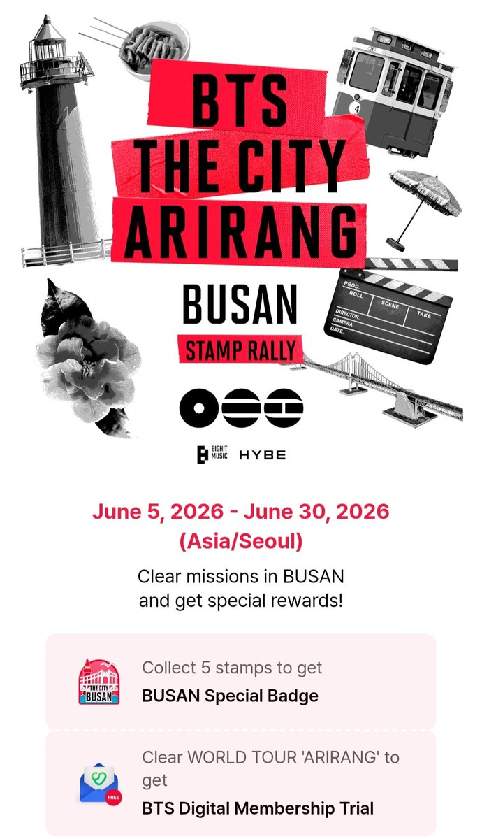 RainyNAMJIN's tweet photo. อัพเดท BTS THE CITY ARIRANG BUSAN กับ Stamp Rally (อิงเวลาเกาหลี)
💜เก็บ 5 stamps ได้ BUSAN SPECIAL BATCH
1. 'WORLD TOUR 'ARIRANG'
📌Busan Asiad Main Stadium
🩷12 -13 มิ.ย. 2026 at 23.59 น. 
2. BTS POP-UP : ARIRANG
📌SHINSEGAE CENTUMCITY
🩷5 – 14 มิย. 2026 at 20.30 น.
3. SAMSUNG GALAXY Experience
📌The Bay 101
🩷10 - 14 มิ.ย. 2026 at 21.00 น.
4. TIRTIR Concert Ready Bar
📌The Bay 101
🩷10 - 14 มิ.ย. 2026 at 21.00 น.
5. Arte Museum Busan
📌Arte Museum Busan
🩷5 ��� 21 มิ.ย. 2026 at 20.00 น.
6. Google Gemini Mission (ภารกิจออนไลน์)
📌คลิกที่แสตมป์แรลลี่ 'Mission 6' เพื่อเปิด Google Gemini และทำภารกิจโดยละเอียดให้สำเร็จ
🩷5 - 21 มิ.ย. 2026 at 23.59 น.
7. BUSAN Welcome Center
📌Busan Eurasia Platform
🩷5 - 21 มิ.ย. 2026 at 22.00 น.
8. LOVE SONG LOUNGE
📌Haeundae Beach Event Plaza
🩷12 - 14 มิ.ย. 2026 at 20.00 น.
9. LOVE QUARTER (Port of Busan Pier 1 | Port Village Busan)
📌Port of Busan Pier 1
🩷12 - 21 มิ.ย. 2026 at 20.00 น.
🔥รางวัลพิเศษ สิทธิ์ทดลองใช้งาน BTS Digital Membership ฟรี 1 เดือน (แจกตามลำดับก่อน-หลัง) ให้ผู้เข้าร่วมที่ทำภารกิจ 'WORLD TOUR ARIRANG' สำเร็จ (จำกัด 10,000 คนแรก)