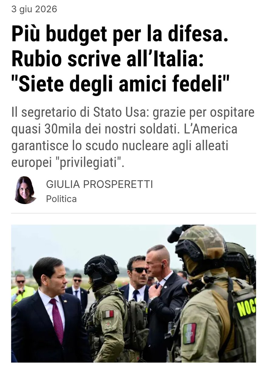 Flexgrimmy_'s tweet photo. E alla fine è arrivata anche la pacca sulla spalla del padrone americano. #MarcoRubio promuove l'aumento delle #SpeseMilitari voluto dal governo #Meloni, realizzando ciò che gli USA chiedevano da un quarto di secolo. 
Curioso per chi si proclamava patriota e sovranista: tanta retorica sulla difesa degli interessi nazionali, poi basta un cenno da Washington e il libretto d'assegni si apre da solo.

Nei prossimi anni vedremo crollare 
La sanità le pensioni istruzioni ma vi diranno sempre che è colpa del SUPERBONUS.