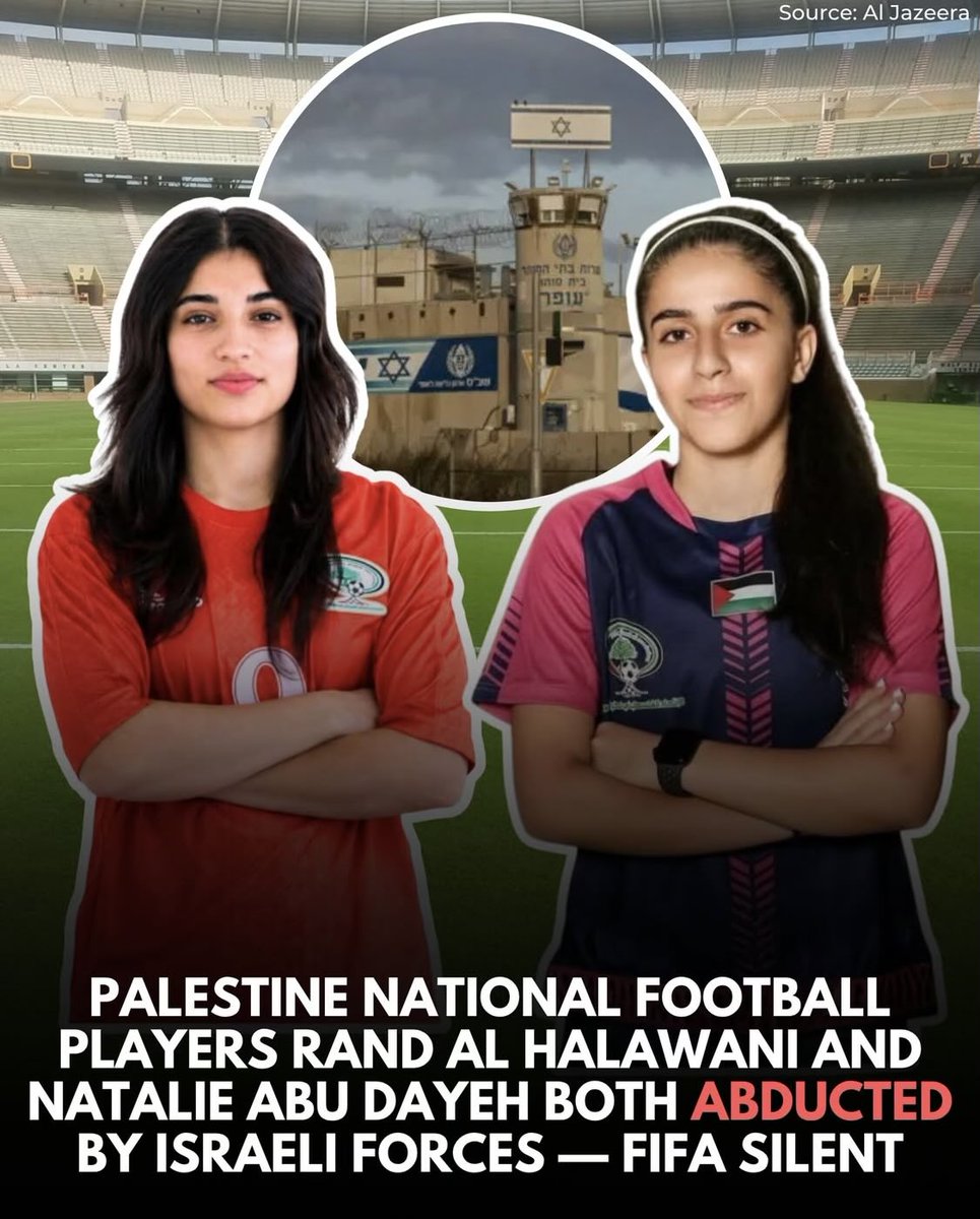 LevantWire's tweet photo. No comments from FIFA or any other football body…

Two members of the Palestinian women's national football team, Rand Halawani and Natalie Abu Dayeh, were abducted and detained by Israeli authorities. https://t.co/ZHbg8kUMNz