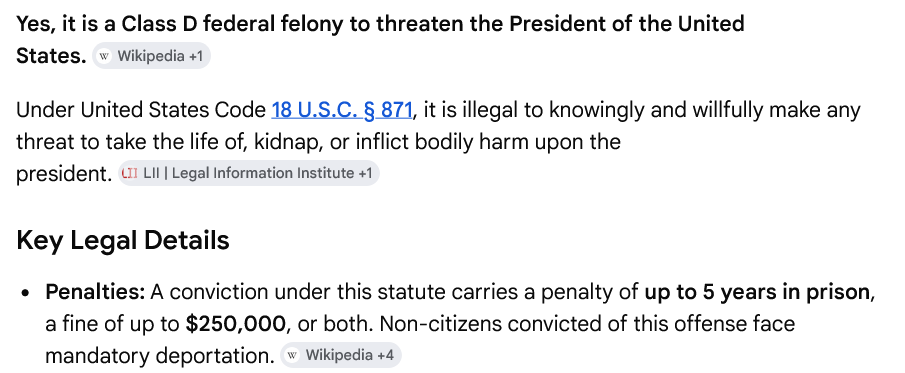 teapartytempest's tweet photo. @getrealz11 @puppyeyez94 @upsman3474 @ThomasDierson @xxBluexox A crime to threaten a president. https://t.co/aZ5nB5v8q9