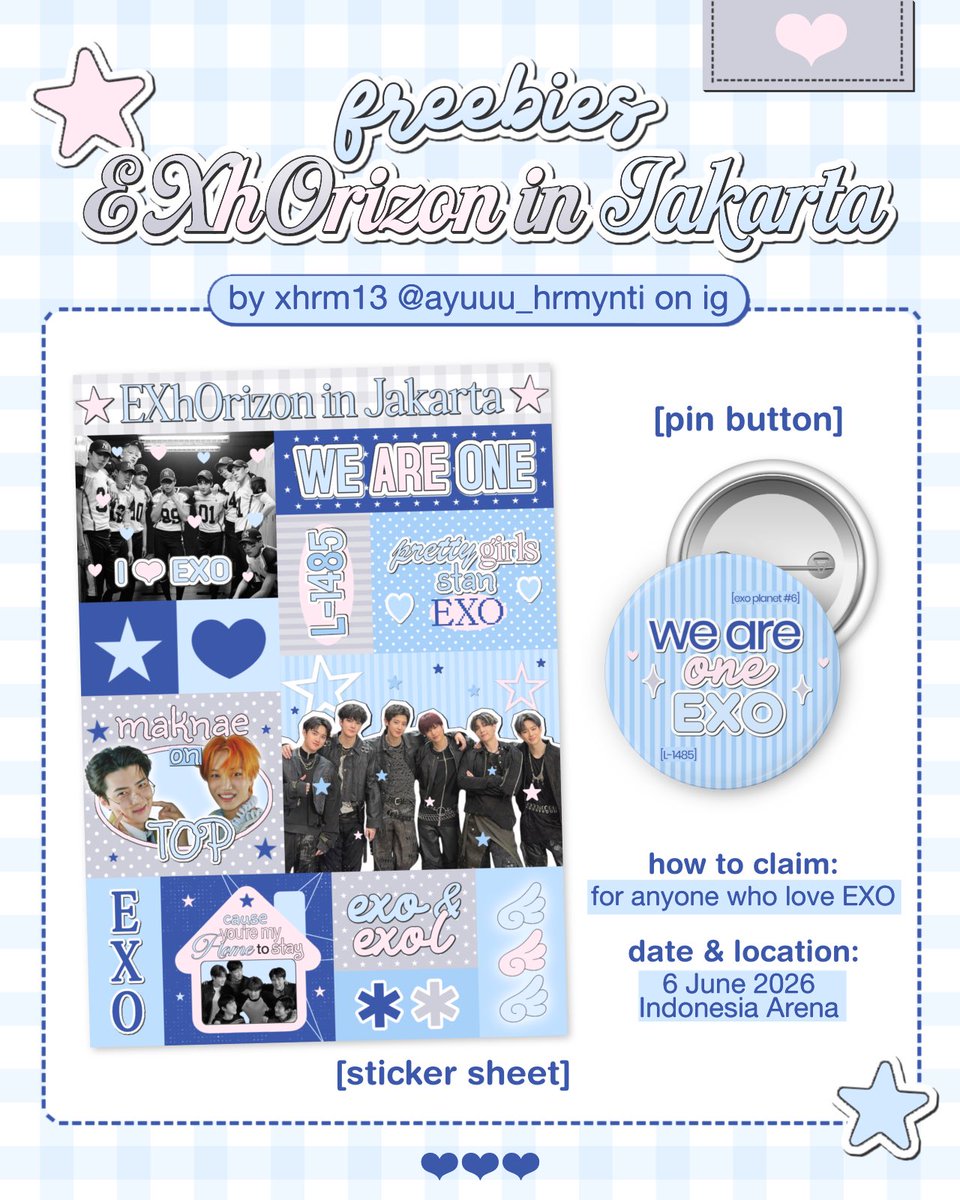 xhrm13's tweet photo. 🌟 FREEBIES EXOHORIZON IN JAKARTA 🌟

Haii EXO-L! Aku bakal bagi-bagi freebies

📍 Indonesia Arena 📅 6 Juni 2026
⏰: tba
💌follow, rt, or like are appreciated
✨limited stock

how to get?

just find me and say hi to me🙌🏻
see you there!! ✨

#EXhOrizon_in_Jakarta #exo https://t.co/nh4AUVdpP7
