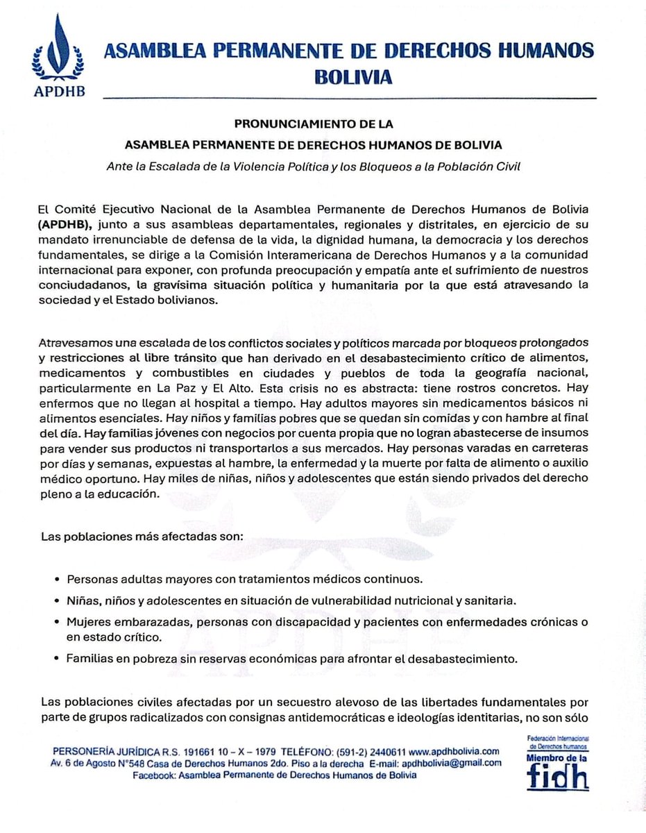 hernando_calla's tweet photo. PRONUNCIAMIENTO DE LA
ASAMBLEA PERMANENTE DE DERECHOS HUMANOS DE BOLIVIA
Ante la Escalada de la Violencia Política y los Bloqueos a la Población Civil
La Paz, 3 de junio 2026
Por el CEN de la APDHB y presidentes de Asambleas Departamentales y Regionales
@APDHB  
#BloqueosBolivia https://t.co/H8aRigBbda