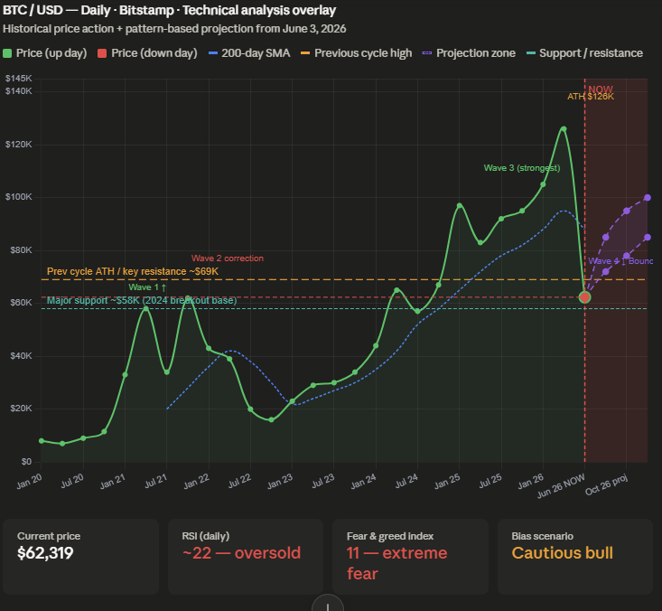 RingoshiToitsu's tweet photo. BTC looks like a classic Wave 4 shakeout flushing leveraged longs. 

Oversold RSI + extreme fear = historically strong accumulation zone. 

High-probability target: $80K - $100K by Q3/Q4 2026 (IF $58K holds). NFA. https://t.co/QRK92Qmlpb