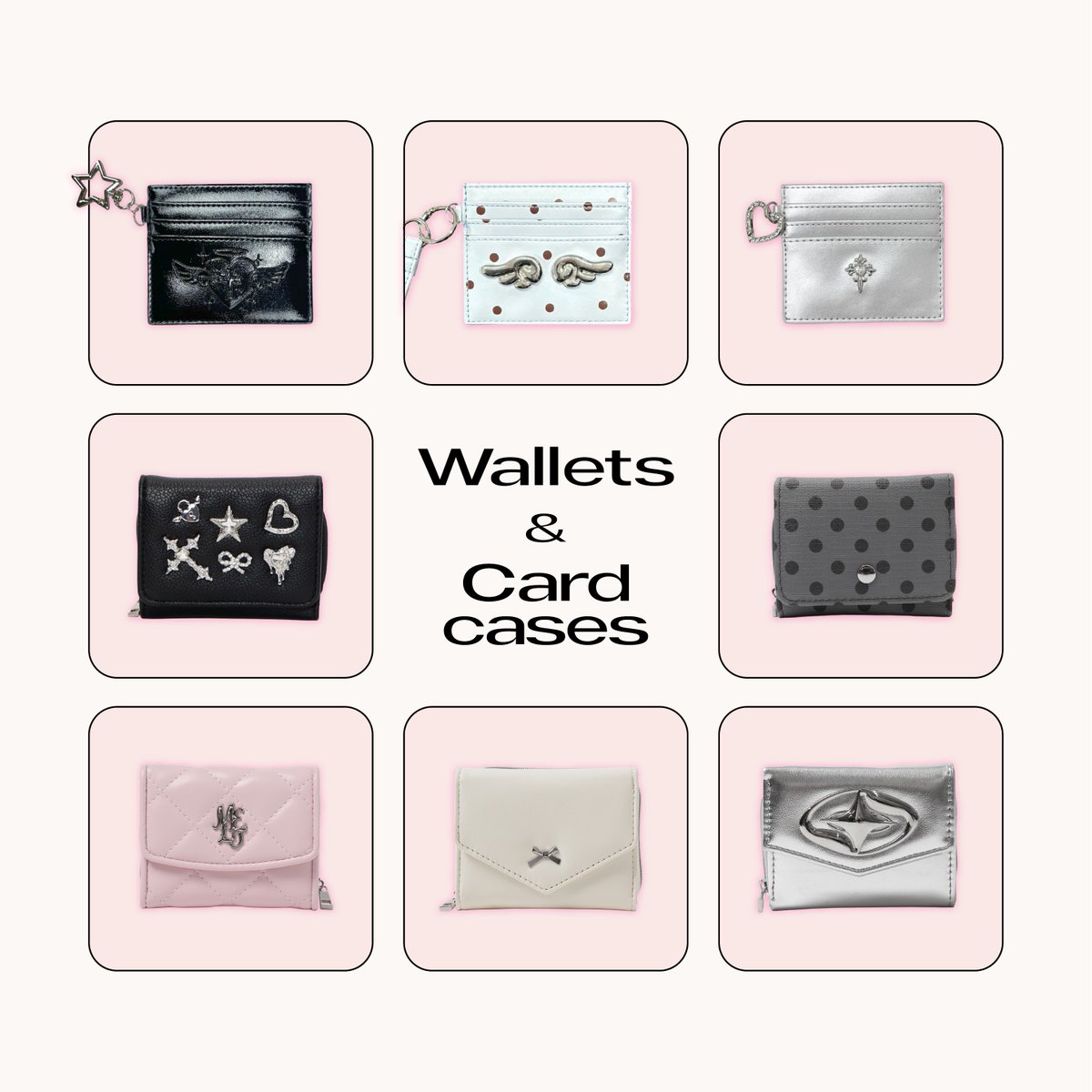 WEGO_press's tweet photo. 【神デザインすぎて選べない🖤】
WEGOの新作お財布＆カードケースが今の気分にぶ刺さりすぎる…！
トレンドのシルバー、地雷系なスタッズ黒、天使の羽モチーフなど、天才的なラインナップ👼✨
しかも550円〜の爆安プライス！
画像をタップして、推しデザインを詳しく見てみて👇
