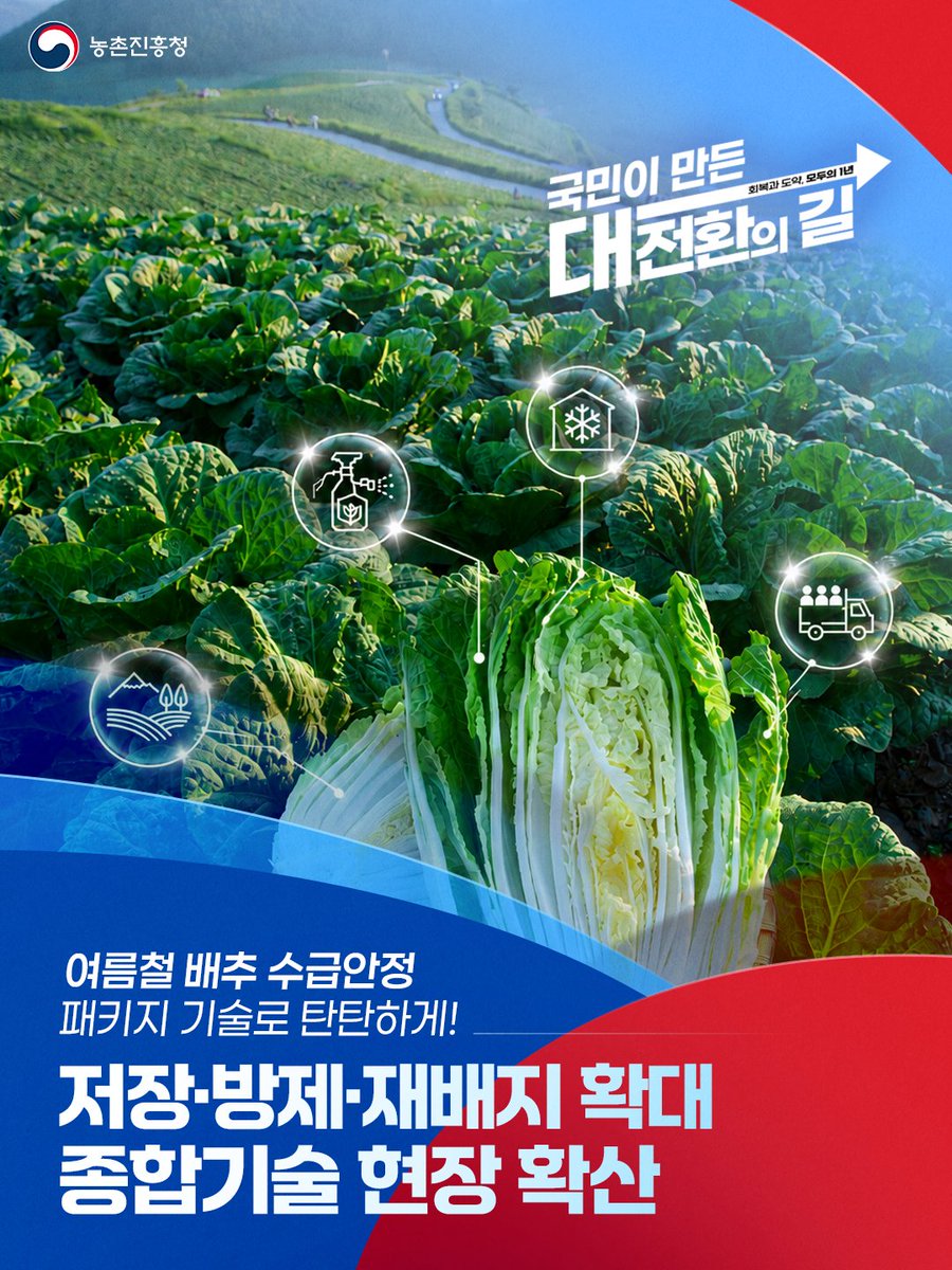 love_rda's tweet photo. 📌<여름철 배추 수급안정> 종합기술로 탄탄하게!
✅ 배추 저장·방제·재배지 확대 등
종합기술 확산으로 수급안정 지원🔍

#정부출범1주년 #국민이_만든_대전환의_길
#회복과도약 #모두의1년 #농촌진흥청
#여름배추 #수급안정 #배추 #농업기술 https://t.co/F5obQkm6fl
