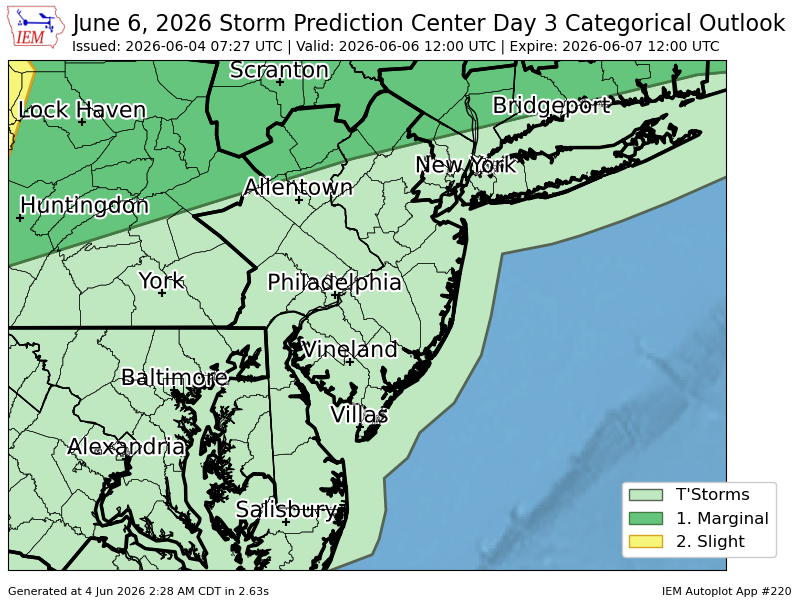 PennWeatherPA's tweet photo. #SPC issues Day 3 Marginal Convective Risk at Jun 4, 7:27z for PHI https://t.co/t07ac8zzlB https://t.co/ZNVJ6iVTPD