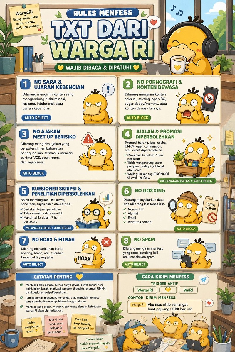 araisanaomi's tweet photo. 💛 Halo WargaRI!

Sebelum kirim menfess, jangan lupa baca rules terlebih dahulu ya.

Aturan dibuat supaya semua warga bisa curhat, berbagi cerita, bertanya, dan berinteraksi dengan nyaman.

════════════════════

📌 Menfess yang melanggar aturan berpotensi ditolak atau tidak diposting.

Terima kasih sudah menjadi bagian dari WargaRI!

━━━━━━━━━━━━━━

Sekalian OPEN MOOTS!

✓ Auto follback
✓ No unfoll duluan
✓ Aktif interaksi

Cenblue, RP, cyber, RL, semua boleh mampir~

#WargaRI #Moots #Mutualan