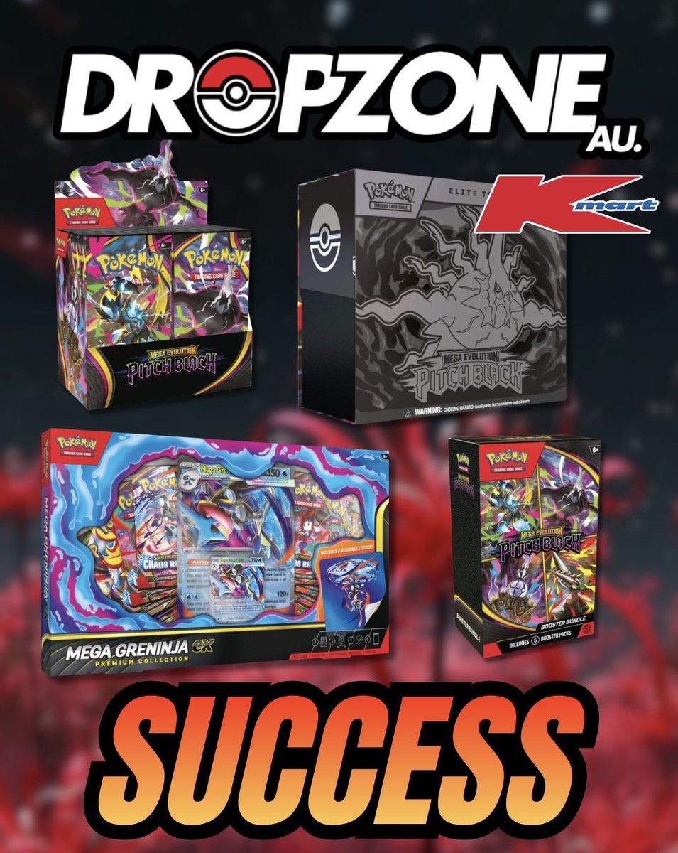 DropZoneAU's tweet photo. Another massive drop. Another massive win for DropZone members 👀🔥

Pitch Black products and the Mega Greninja Premium Collection officially dropped at Kmart today ⚡️

Congratulations to everyone who secured stock today 🔥

#pokemon #pokémon #pokemoncards #pokemoncollector https://t.co/AR3vEOfmG3