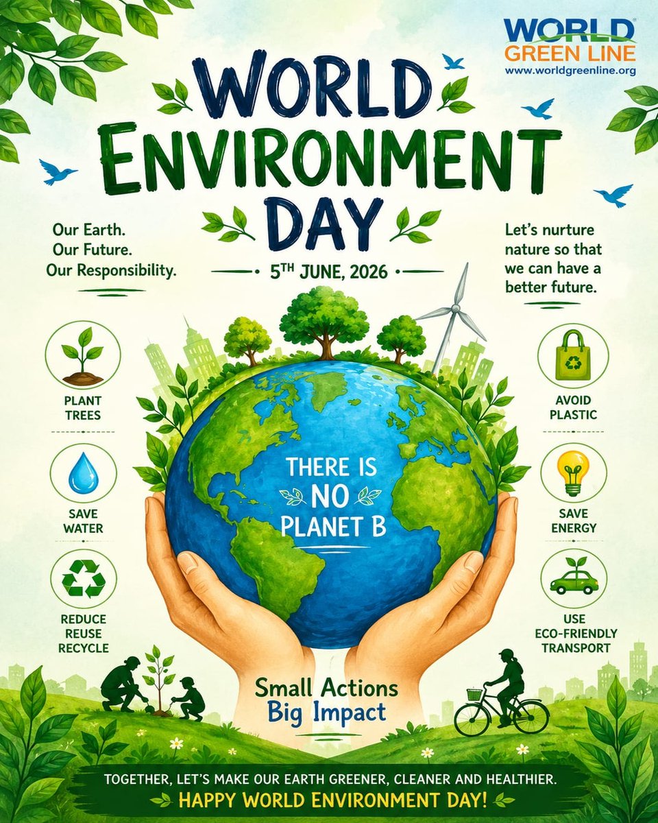 worldgreenline's tweet photo. World Environment day

Every small step matters.
Plant trees, save water, reduce waste, and protect nature for a greener future.

One Earth. One Future. Act Now.

#WorldGreenLine #WorldEnvironmentDay #SaveEarth #GoGreen #Sustainability https://t.co/HXBe7vx1oi