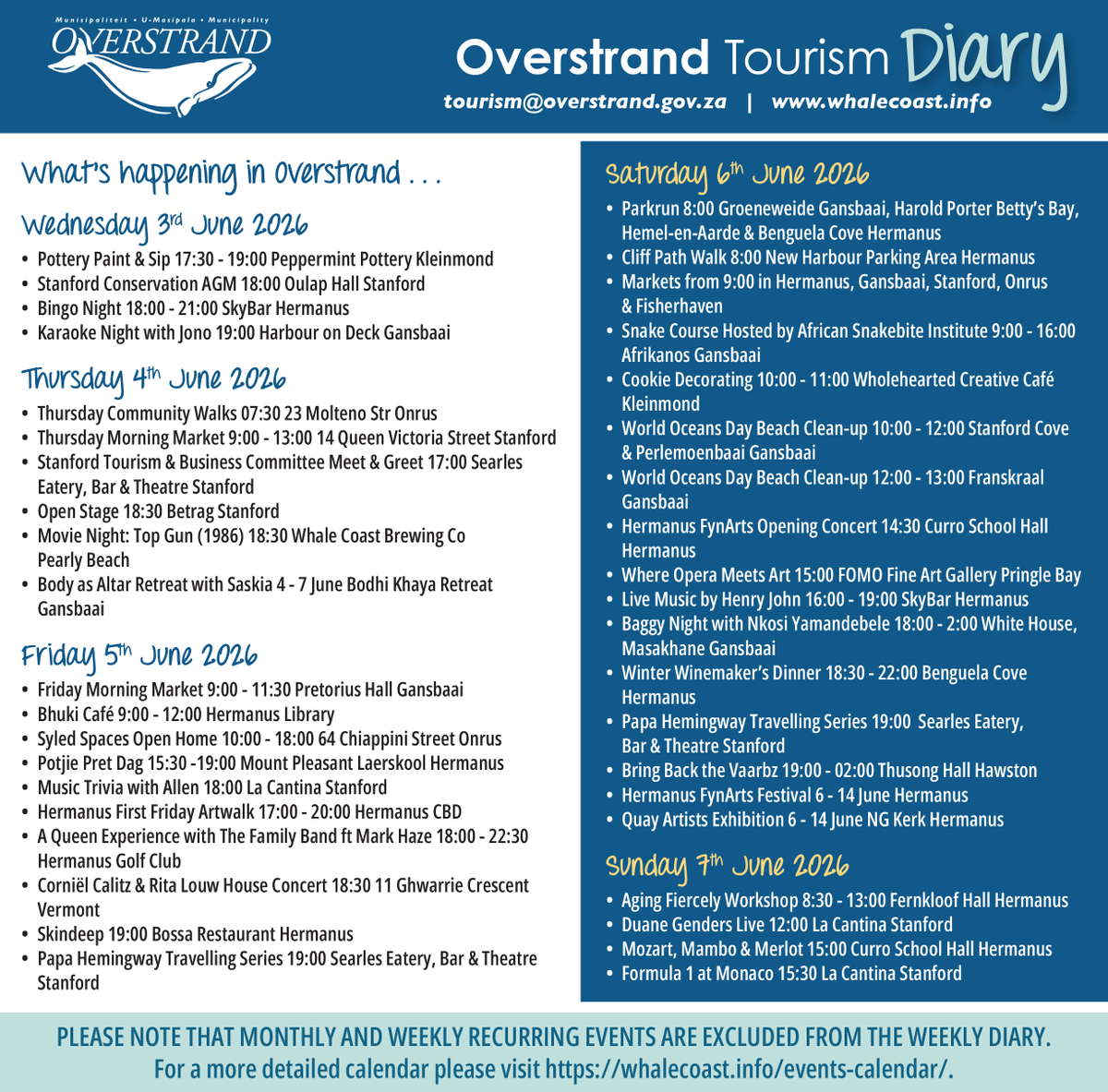 visitstanford's tweet photo. What's happening this weekend in Overstrand😏🍻
For a more detailed calendar, please visit: https://t.co/igq5ahhbkI
#overstrandtourism #overstrand4all #events #visitstanford https://t.co/Di23TZYg1r