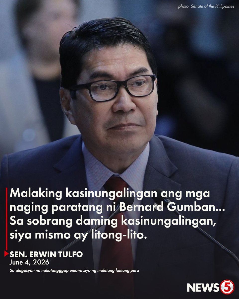 News5PH's tweet photo. 'MAGKITA-KITA TAYO SA LEHITIMONG BLUE RIBBON COMMITTEE HEARING'

Pinabulaanan ni Sen. Erwin Tulfo ang naging paratang sa kaniya ng isa sa mga dating sundalo sa pagdinig ng Senate Blue Ribbon Committee sa ilalim ni Sen. Pia Cayetano ngayong Huwebes, June 4.

Inakusahan ang senador na nakatanggap umano ng maleta na may lamang pera.

Giit ni Sen. Tulfo, hindi umano tugma ang sinabi ng dating sundalo sa kaniyang sinumpaang salaysay at sa sinabi nito sa pagdinig.

"Kapansin-pansin din na pili lang ang mga binanggit kahit na sa una nilang affidavit, marami ang idinawit nila. May mga dinagdag pa," dagdag niya.