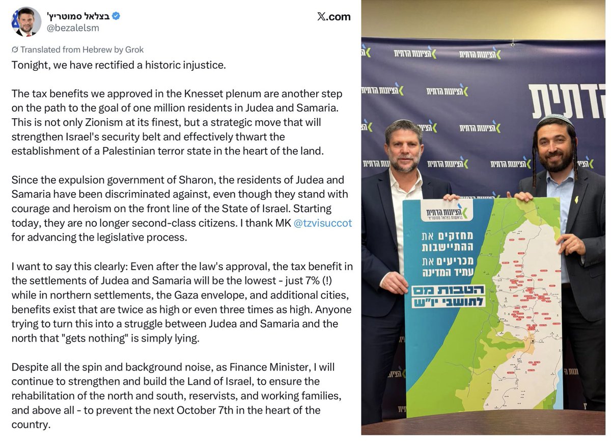 rulesbasedworld's tweet photo. Smotrich proudly announcing passing MK Tzvi Sukkot’s new increase in tax benefits for settlers in Judea &amp; Samaria, which Yuval Sade explains target very specifically the settlements where Smotrich’s Religious Zionist voters live https://t.co/mZ8w1uPpab