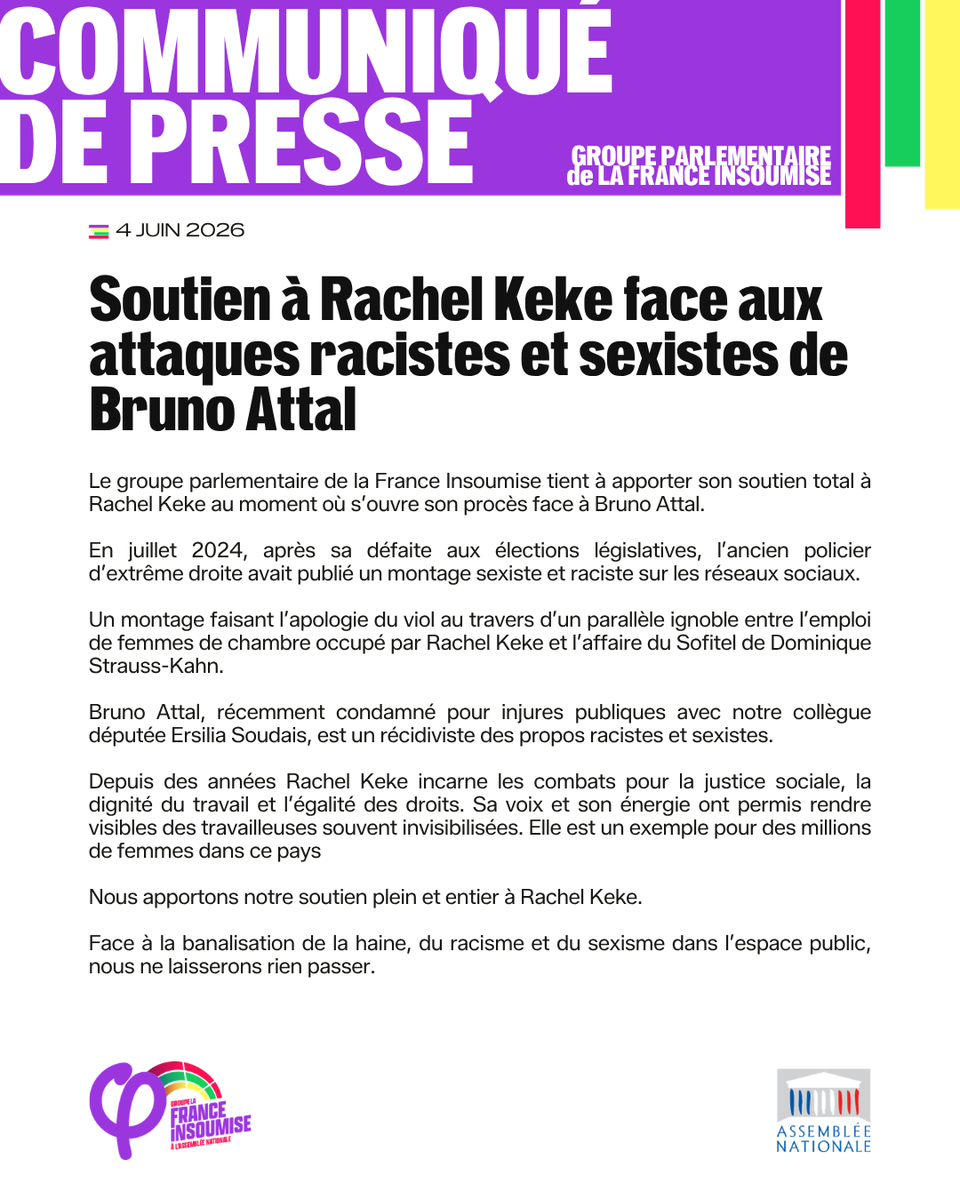 FiAssemblee's tweet photo. 🔴📄 Soutien à Rachel Keke face aux attaques racistes et sexistes de Bruno Attal

Face à la banalisation de la haine, du racisme et du sexisme dans l’espace public, nous ne laisserons rien passer. https://t.co/TS2vzegbf1