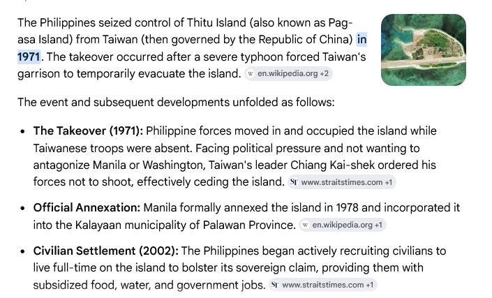 sanailing's tweet photo. @AngelicaOung @RossFeingold The Philippines seized Thitu Island from Taiwan with the US permission, Taiwan is too coward to strike back.
In defense of national sovereignty and territorial integrity, the CPC govt fought the US in 1950, India in 1962. USSR in 1969, and Vietnam in 1979. 
What a stark contrast! https://t.co/jaITaA0GPK