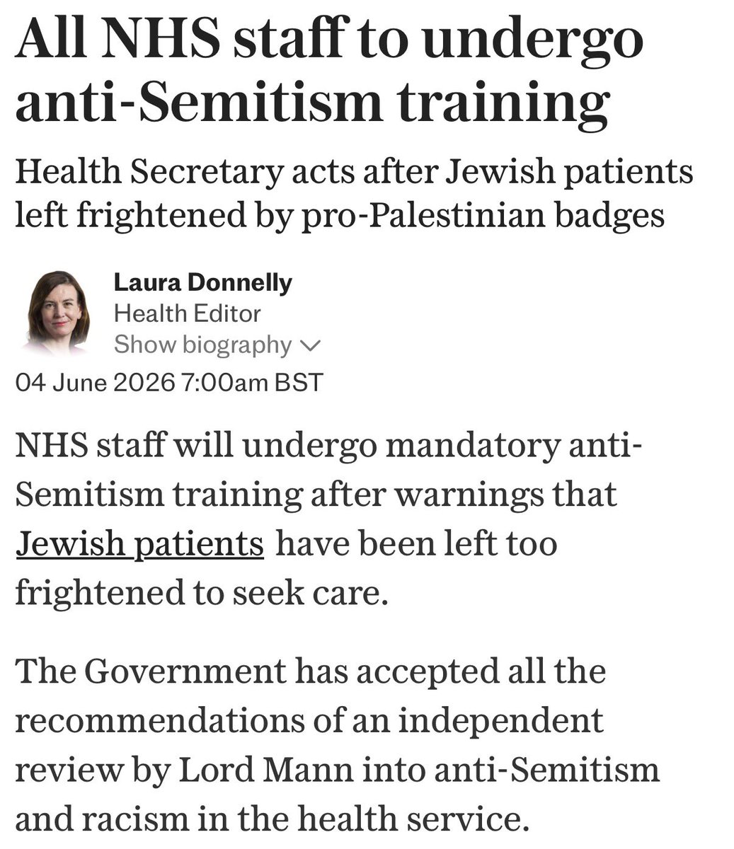 StuartAndrew's tweet photo. Jewish patients putting off care. Staff facing racism from colleagues. 

Lord Mann’s review exposes a deeply troubling culture of antisemitism and wider racism in parts of the NHS.

Ministers have accepted the recommendations. Now NHS leaders must be held accountable for rooting it out.