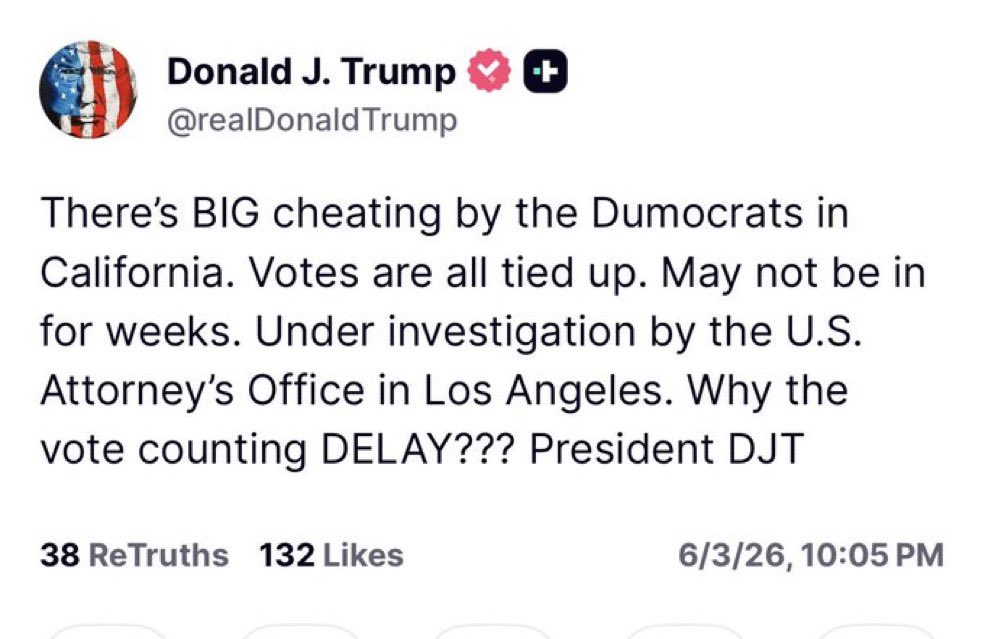 GigaBeers's tweet photo. 🚨 California’s “elections” are a rigged slow-motion heist and everyone knows it.

While red states count votes on Election Night like adults, California drowns in universal mail-in ballots, harvested stacks and “postmarked by” loopholes that let votes trickle in for weeks. LA County? Still processing hundreds of thousands while Dems magically “find” whatever they need to win.

This isn’t democracy. It’s a ballot manufacturing operation designed for one-party control. Signature “verification” that’s a joke, voter rolls bloated with ghosts and illegals, drop boxes unsupervised and curing ballots like a get-out-of-jail-free card for fraud. They call delays “accuracy.” We call it cheating with extra steps.

Trump’s right, the US Attorney needs to rip this system apart. No more midnight dumps deciding outcomes. Clean the rolls, require ID, same-day counting, or admit California isn’t a legitimate election anymore.