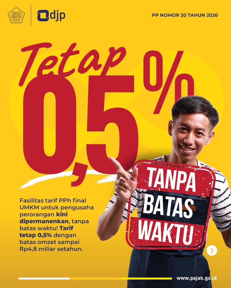 DitjenPajakRI's tweet photo. 💡 UMKM, ada kabar baik!

Tarif PPh Final UMKM 0,5% kini dipermanenkan bagi wajib pajak orang pribadi dan PT Perorangan yang menjalankan usaha dengan omzet sampai Rp4,8 miliar per tahun melalui PP Nomor 20 Tahun 2026.

Artinya, selama omzet masih memenuhi ketentuan, fasilitas tarif 0,5% tetap dapat dimanfaatkan tanpa perlu khawatir masa berlakunya berakhir. 

Kebijakan ini memberikan kepastian bagi pelaku usaha kecil sekaligus memastikan fasilitas pajak diberikan lebih tepat sasaran kepada pihak yang memang berhak menerimanya.

Perlu diketahui juga, wajib pajak orang pribadi dengan omzet tidak lebih dari Rp500 juta setahun tetap tidak dikenai Pajak Penghasilan.

Yuk, terus kembangkan usaha dengan lebih tenang dan tetap penuhi kewajiban perpajakan dengan baik. 👍