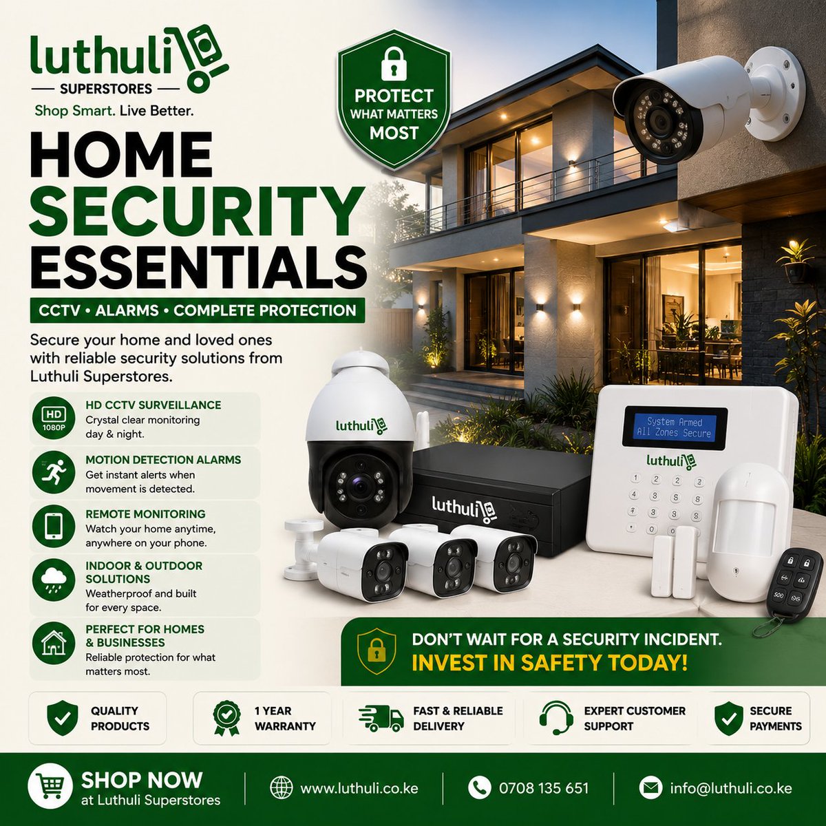 Luthuli_SStores's tweet photo. Here's a professional social media caption for a Home Security Essentials (CCTV &amp; Alarms) post for Luthuli Superstores:
#HomeSecurity #CCTVKenya #SecuritySystems #AlarmSystems #SmartSecurity #ProtectYourHome #LuthuliSuperstores #ShopKenya

#mbaka #hanifa https://t.co/aZ6oUUUChN