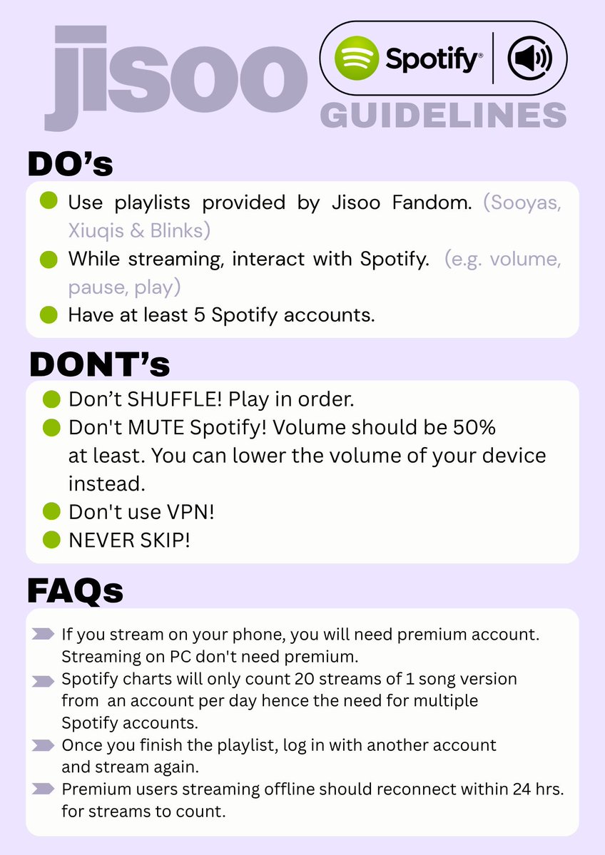 jisookimglobal's tweet photo. Spotify Streaming Guidelines 

Know the do’s, avoid the don’ts, and start building good streaming habits before JS1 arrives https://t.co/CfPRY2kGDy