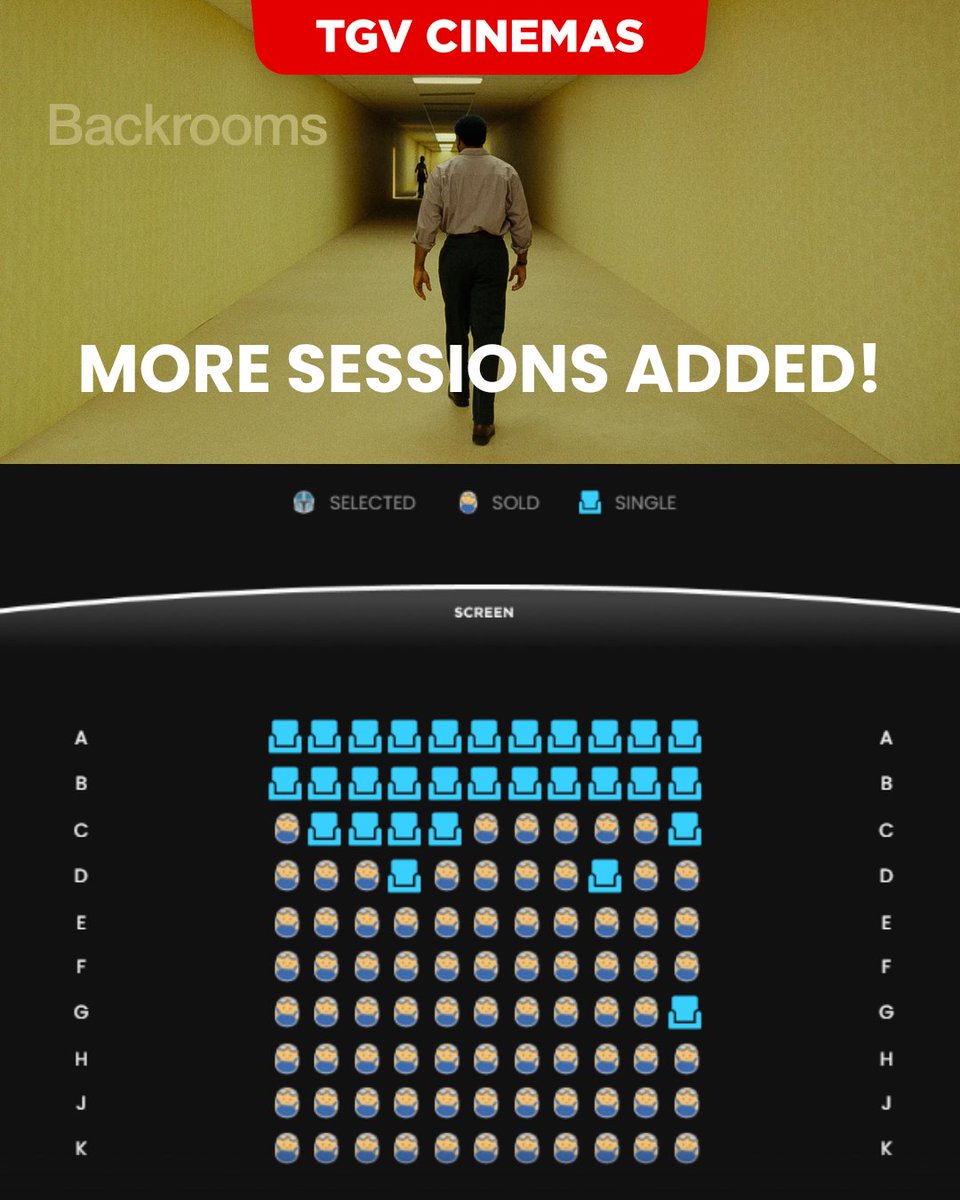 TGVCinemas's tweet photo. Everyone is entering The Backrooms today and we're giving you more sessions! ππͺ
#Backrooms aka THE NUMBER 1 MOVIE IN THE WORLD, is now showing at TGV ποΈ https://t.co/eO0NAfPE0n
#TGVHallsOfHorror #A24 #Backrooms #KaneParsons https://t.co/duKGmGUECM