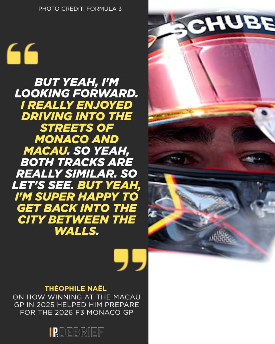 PitDebrief's tweet photo. Théophile Naël on how Macau helped prepare him for Monaco 🇲🇨

Asked by Pit Debrief about his 2025 Macau GP victory, Naël says the experience helped him feel more comfortable between the walls ahead of this weekend’s F3 Monaco GP.

#F3 #Formula3 #MonacoGP #RoadToF1 https://t.co/L1CwjVvKfH