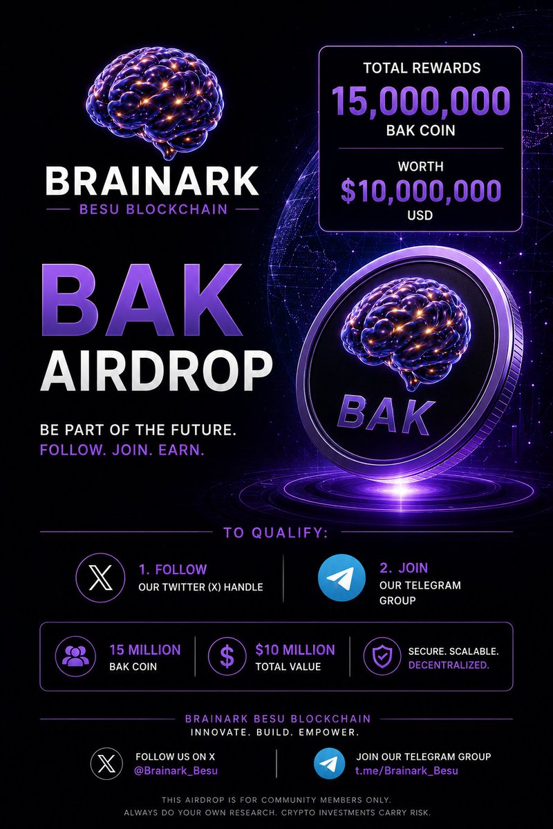 SdogCoin1's tweet photo. Visit
https://t.co/vaSzbiRyKS
🚨 15,000,000 $BAK AIRDROP IS LIVE 🚨

BrainArk Besu Blockchain is giving back to the community with a massive $10,000,000 BAK Coin Airdrop 🔥

To participate:

✅ Follow our X account
✅ Join our Telegram community
✅ Stay active for updates & rewards

Official Links 👇

𝕏: @SdogCoin1
https://t.co/bSPNuom4sI

Telegram:
https://t.co/7VdRzNCQLN…

⚠️ Beware of fake accounts and scam links.
We will NEVER ask for your seed phrase or private keys.

#BAK #BrainArk #Airdrop #CryptoAirdrop #Besu #Blockchain #Web3 #EVM #DeFi #Crypto #Layer1Blockchain