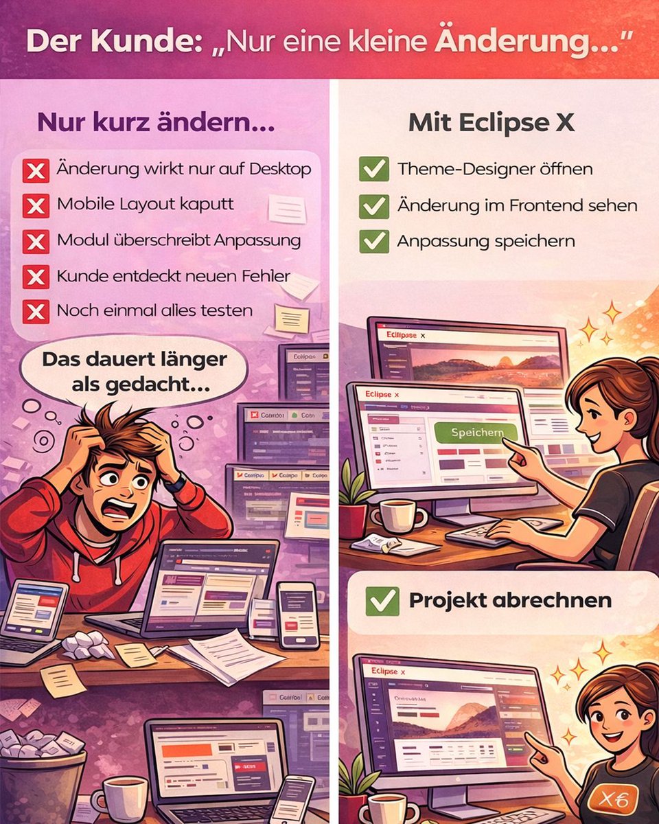 contaothemes's tweet photo. 😅 "Nur eine kleine Änderung..."

Kennst du das? Änderungen in #contao enden oft im Chaos.

Mit Eclipse X:
✅ Theme-Designer öffnen
✅ Änderung live sehen
✅ Speichern &amp; abrechnen

👉 Kostenlos testen: https://t.co/OZaUtbcuVf

#contao_themes #contaothemes https://t.co/W9G4LDDxAR