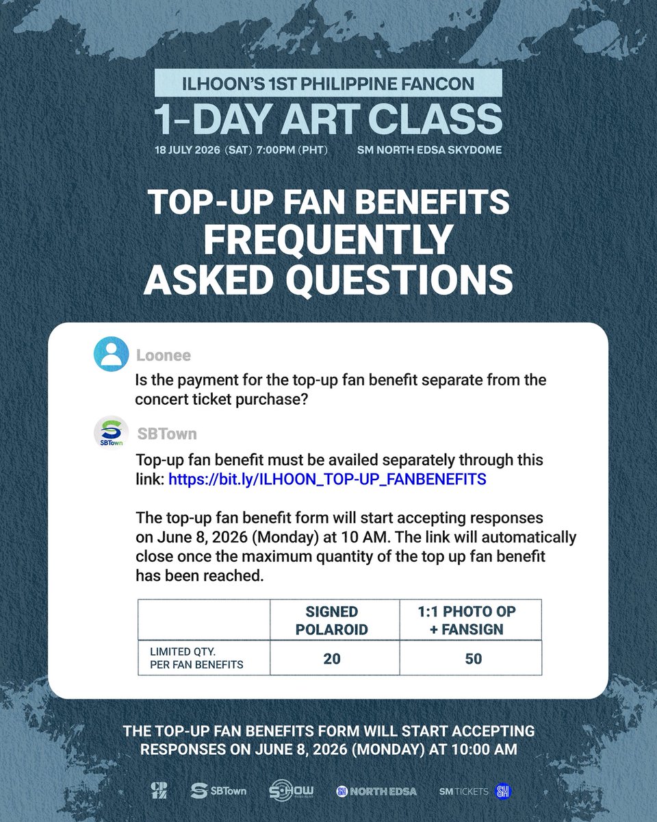 officialsbtown's tweet photo. Got questions? We've got you! 💙

Check out the FAQs and read all the details before securing your slot. 

🔗 https://t.co/pGxvX4WyHq

The Top-up Fan Benefits Form will start accepting responses on June 8 (Monday) at 10:00 AM.

#ILHOON 
#ILHOON_in_Manila 
#SBTOWN https://t.co/TPdGxv0q6E