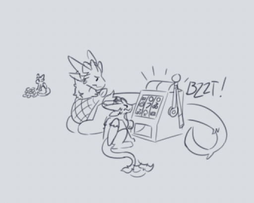 Introdile's tweet photo. Offering Received: a totally fair gambling machine (it only lets Cup win) (#840)

Cup finds the machine overstimulating... and Hat hates losing... and the dragon isn't really sure about letting their little ones gamble https://t.co/5AptXPEMvE